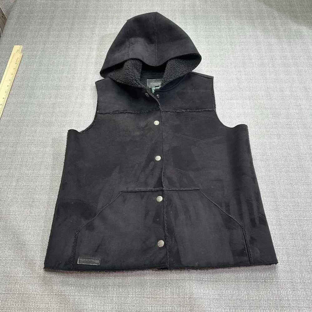 Ralph Lauren Suede Vest Womens Small Black Western Outdoors Fleece Lined Hooded